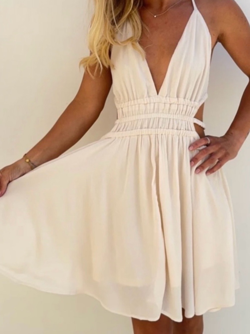 Lovely Day Cream Plunge Smocked Waist Mini Dress